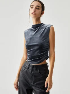 Velvet Draped Mock Neck Sleeveless Crop Top