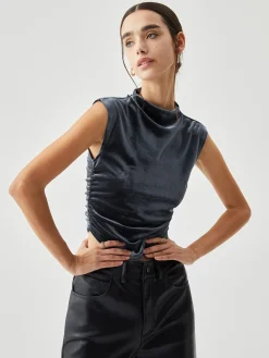 Velvet Draped Mock Neck Sleeveless Crop Top