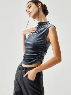 Velvet Draped Mock Neck Sleeveless Crop Top