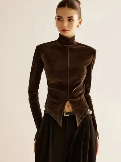 Velvet Mock-Neck Slit T-Shirt