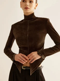 Velvet Mock-Neck Slit T-Shirt