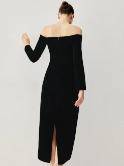 Velvet Off-shoulder Patchwork Slit Midi Dress