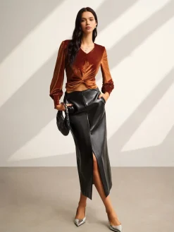 Velvet Pleated Slim Blouse