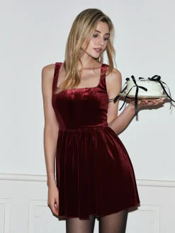 Velvet  Pleated Strappy Short Dress