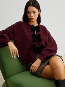 Velvet-Bow Lantern Sleeve Sweater