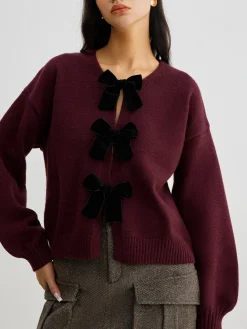 Velvet-Bow Lantern Sleeve Sweater