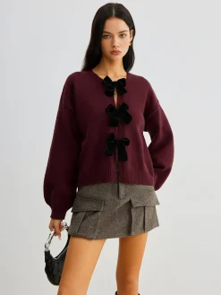 Velvet-Bow Lantern Sleeve Sweater