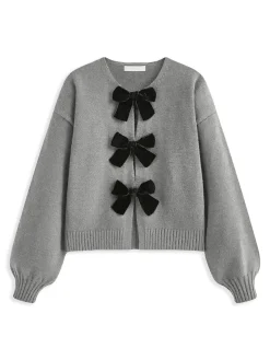 Velvet-Bow Lantern Sleeve Sweater