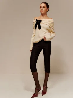 Velvet-Bow Off-Shoulder Ruched Sweater