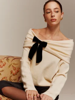 Velvet-Bow Off-Shoulder Ruched Sweater