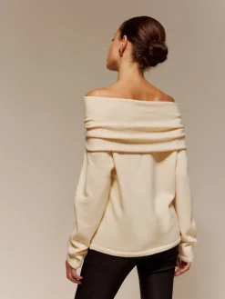 Velvet-Bow Off-Shoulder Ruched Sweater