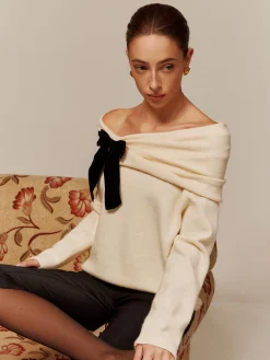 Velvet-Bow Off-Shoulder Ruched Sweater