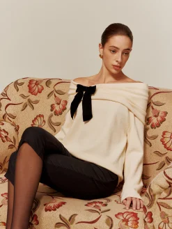 Velvet-Bow Off-Shoulder Ruched Sweater