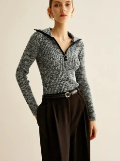 Vintage Contrast Trim Zipper Knit Top