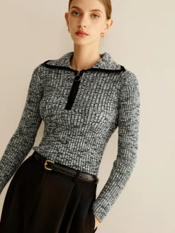 Vintage Contrast Trim Zipper Knit Top