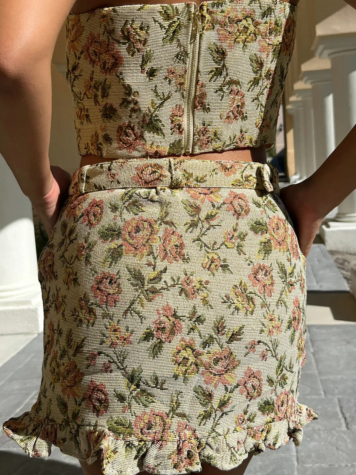 Vintage Floral Belted Skirt Set