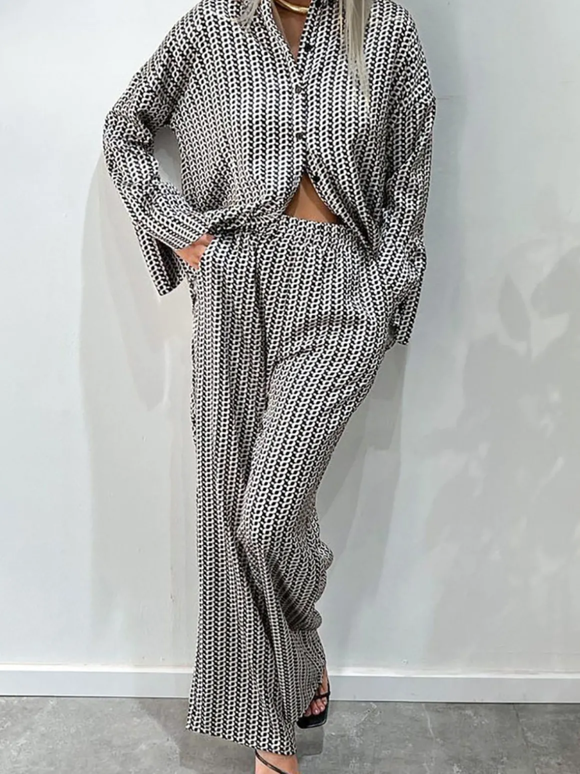 Vintage Lapel Elastic Waist Pants Set