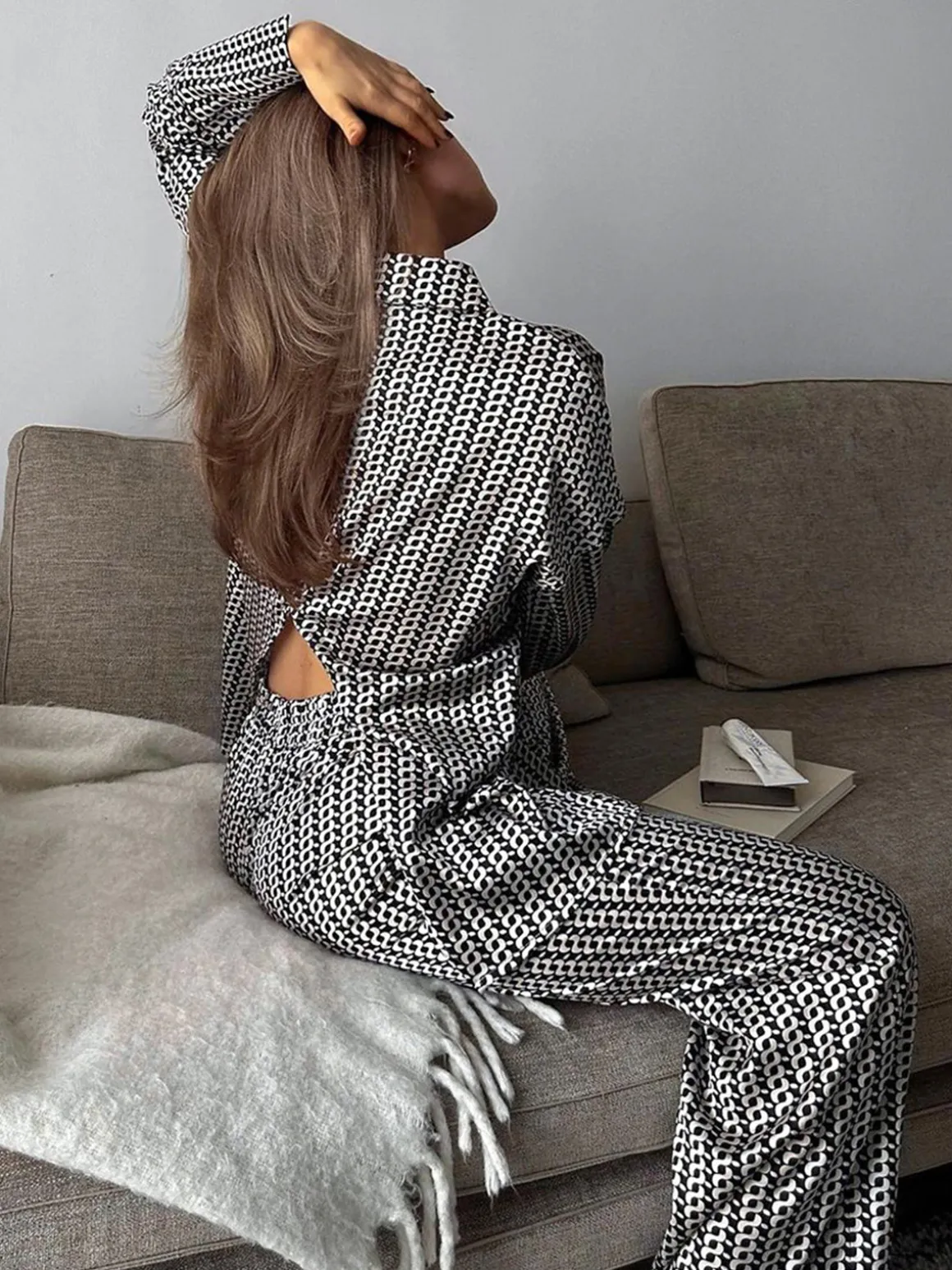 Vintage Lapel Elastic Waist Pants Set