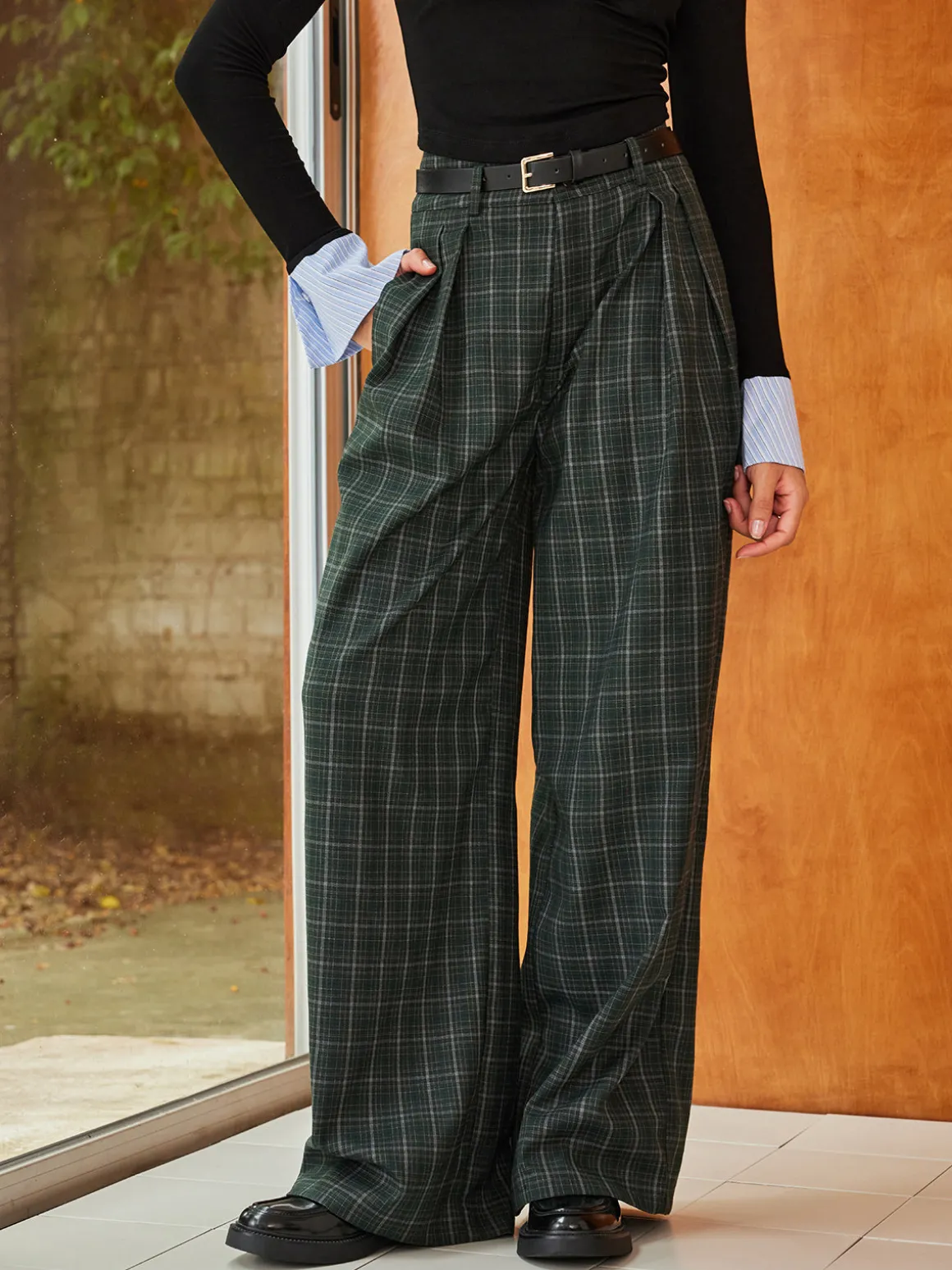 Vintage Plaid Belted Wide-Leg Pants