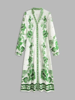 Vintage Printed Button Long Dress
