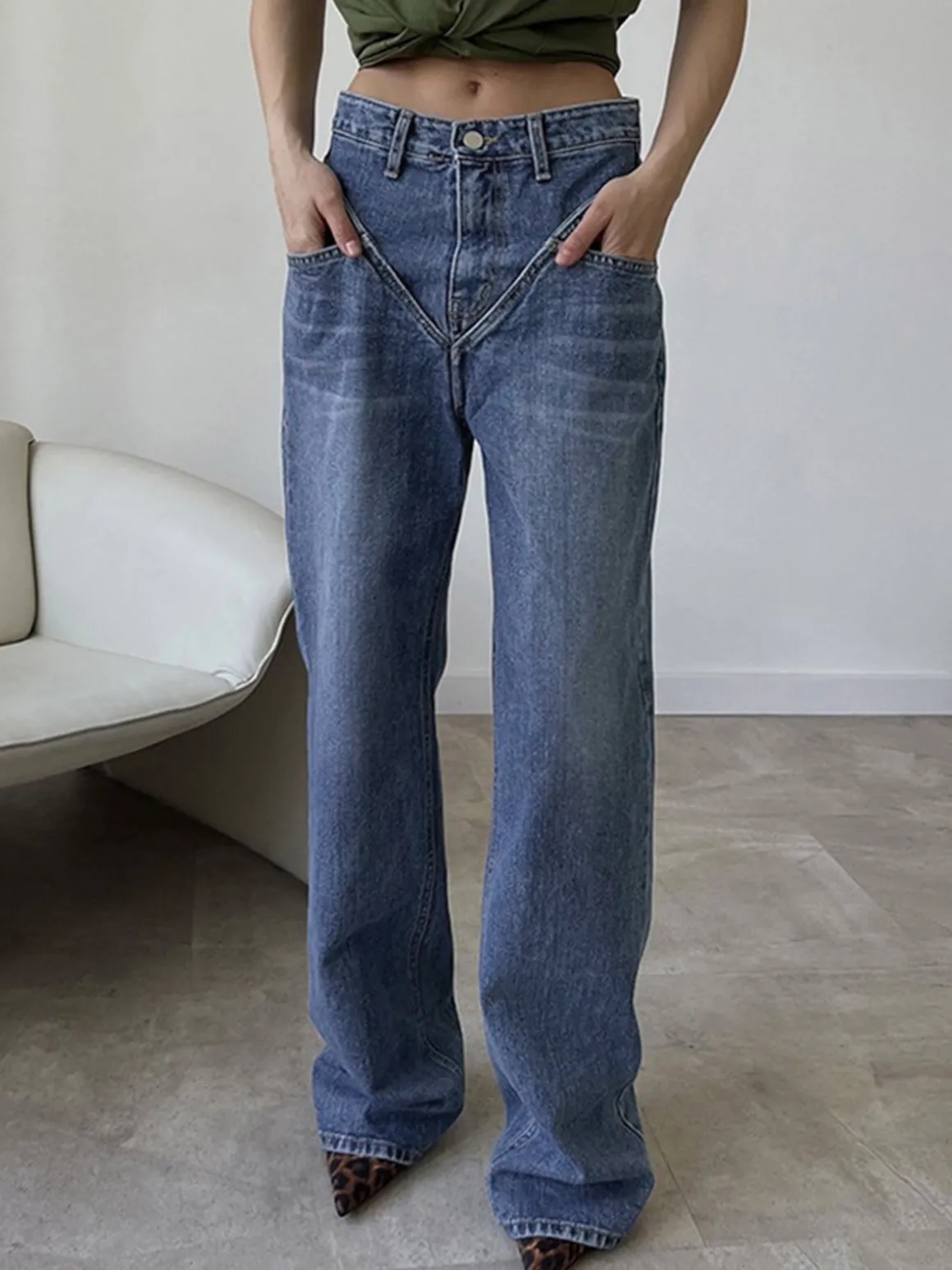 Vintage Wash Denim Straight Leg Jeans
