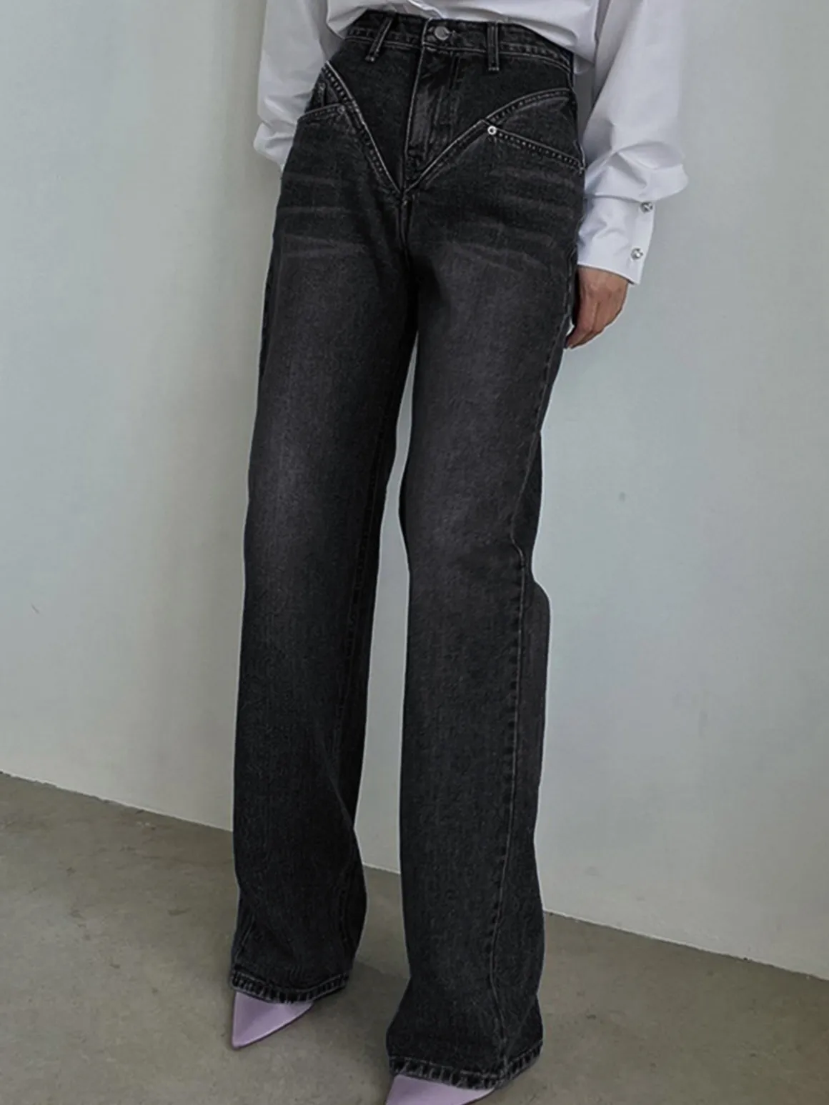 Vintage Wash Denim Straight Leg Jeans