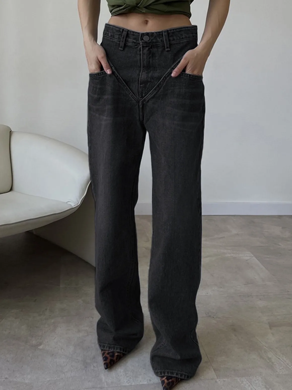 Vintage Wash Denim Straight Leg Jeans