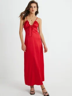 V-Neck Backless Tie Front Long Dress