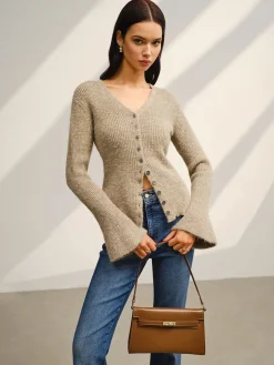 V-Neck Bell Sleeve Button Cardigan