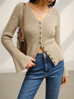 V-Neck Bell Sleeve Button Cardigan