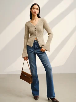 V-Neck Bell Sleeve Button Cardigan