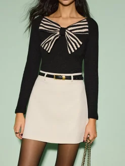 V-Neck Bow Front Slim Sweater