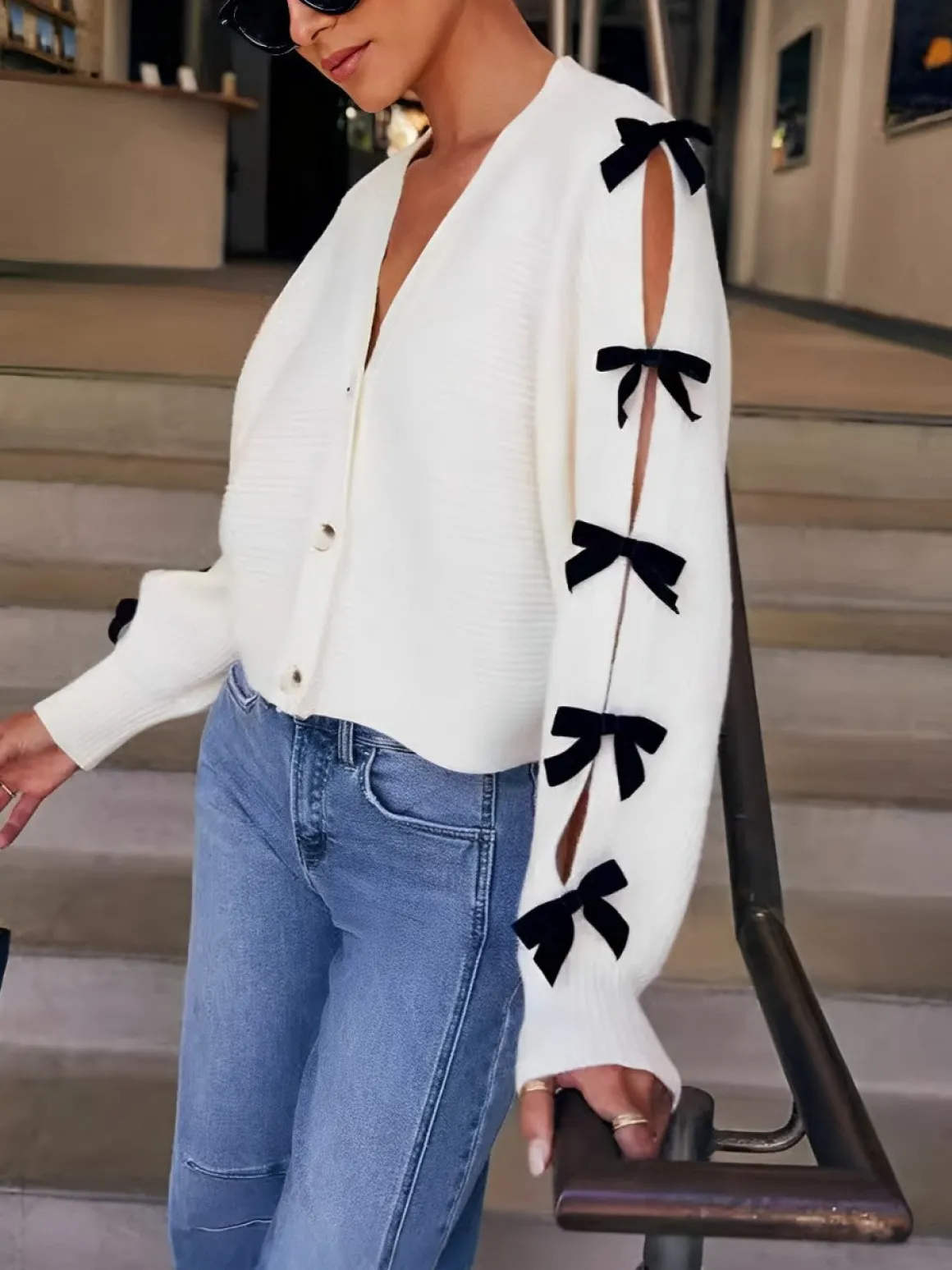 V-Neck Bow-Decor Short Cardigan