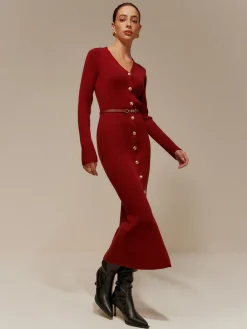 V-Neck Breasted Belted Sweater Long Dress