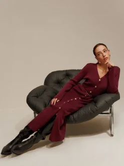 V-Neck Breasted Belted Sweater Long Dress