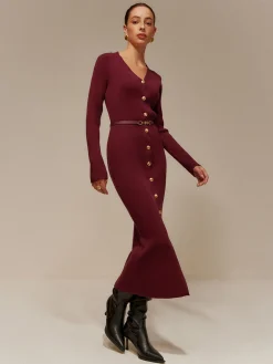 V-Neck Breasted Belted Sweater Long Dress