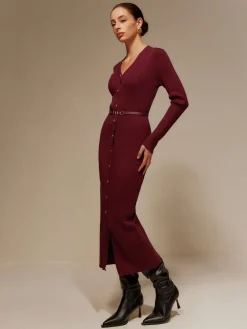 V-Neck Breasted Belted Sweater Long Dress