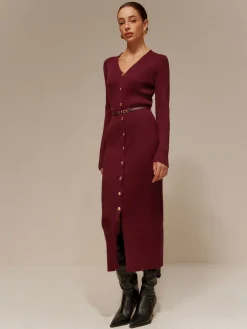 V-Neck Breasted Belted Sweater Long Dress