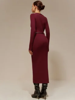 V-Neck Breasted Belted Sweater Long Dress
