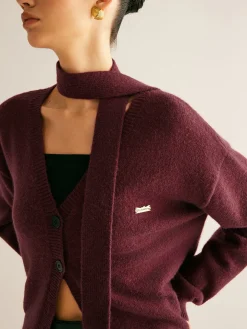 V-Neck Button Knit Outerwear With Scarf