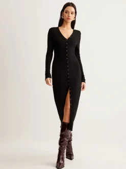 V-Neck Button Slim Long Dress