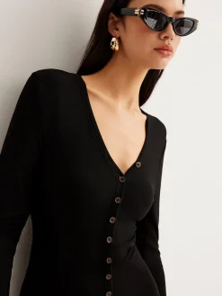 V-Neck Button Slim Long Dress