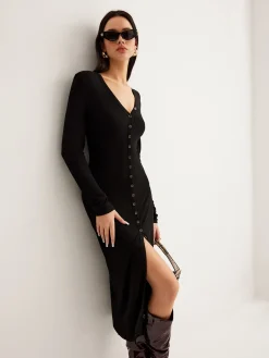 V-Neck Button Slim Long Dress