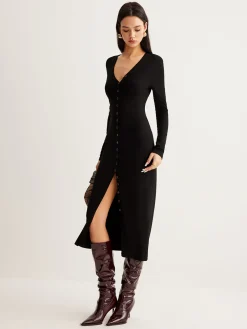 V-Neck Button Slim Long Dress