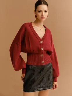 V-Neck Cinched Waist Button Cardigan