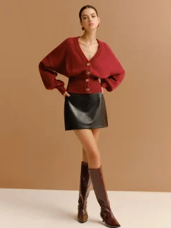 V-Neck Cinched Waist Button Cardigan