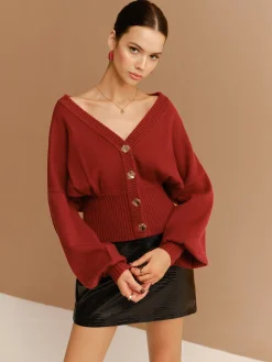 V-Neck Cinched Waist Button Cardigan