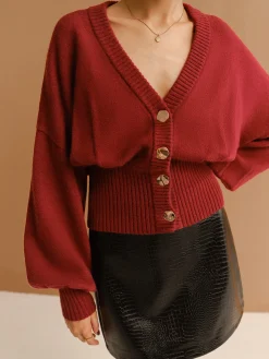 V-Neck Cinched Waist Button Cardigan