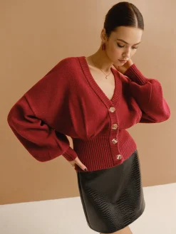V-Neck Cinched Waist Button Cardigan