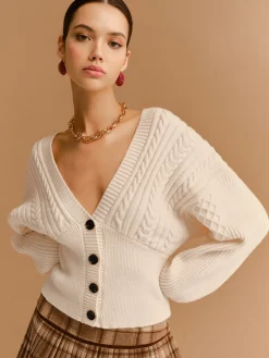 V-Neck Cinched Waist Twist Button Cardigan